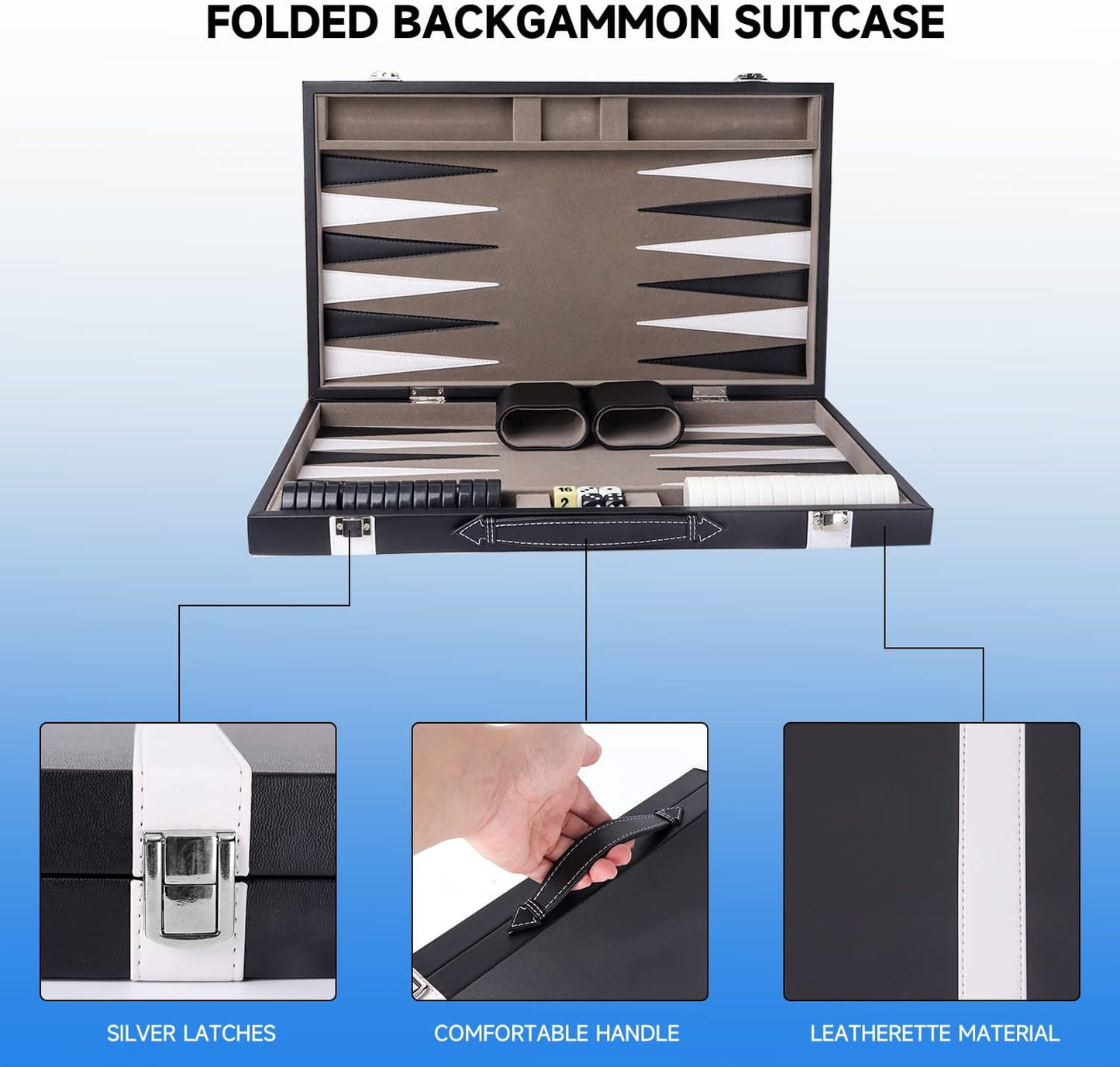 GSE Games & Sports Expert Premium Leather Backgammon Board Game Set, Classic Backgammon Game Set with Leather Case, Travel Folding Board Game (Black&Grey, Large)