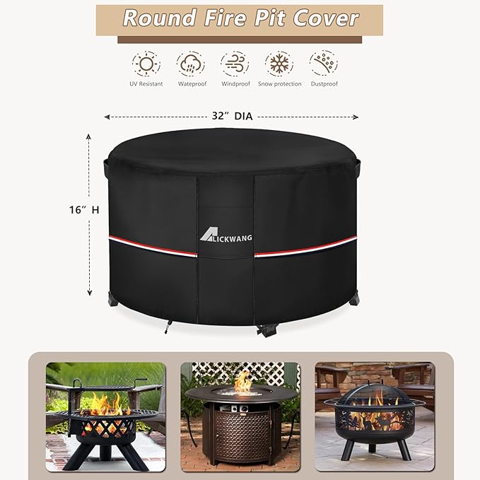 Fire Pit Cover Round 32 Inch Waterproof,Outdoor Heavy Duty Durable 600D Tear-Resistant Fire Pit Table Cover,Patio Round Firepit Cover 32" D x 16" H,Black