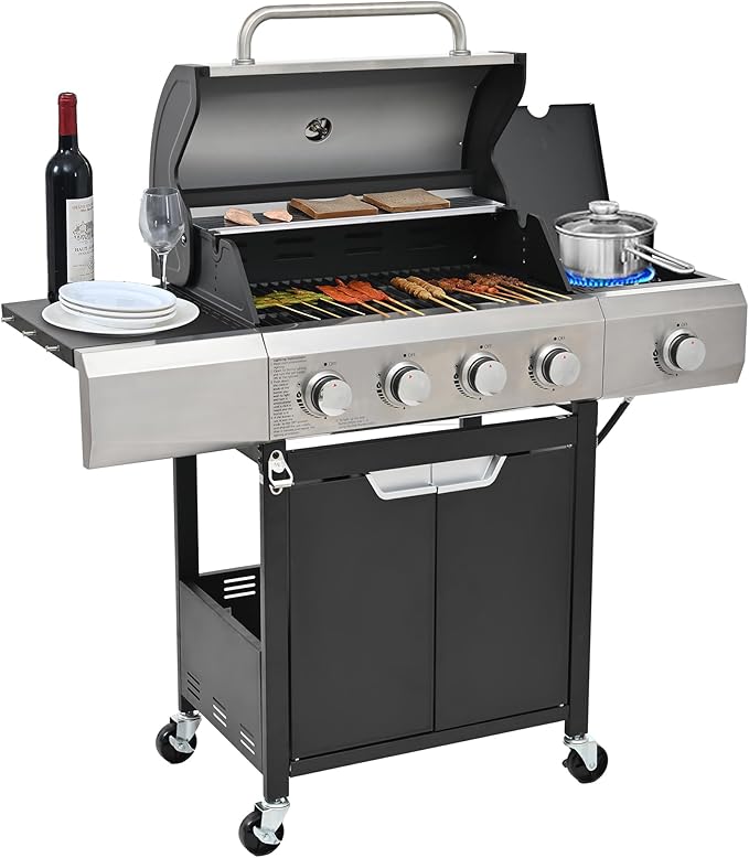 Zateety 4 Burner Propane Grill - 42,000 BTU Gas Grill with Side Burner, Stainless Steel with Iron Cast Grates for Outdoor Cooking, Patio, Camping BBQ, Garden Barbecue Grill, Black and Silver