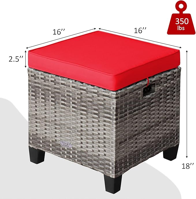 Tangkula 2 Pieces Patio Rattan Ottomans, Outdoor Wicker Footstool Footrest Seat with Soft Cushions and Steel Frame, All-Weather Patio Ottoman Set for Backyard Garden Poolside