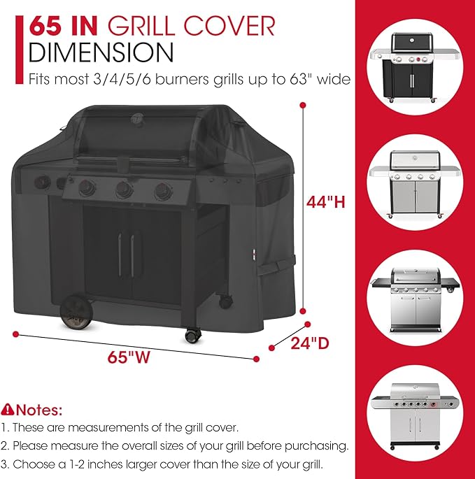 Unicook Grill Cover 65 Inch for Outdoor Grill, Heavy Duty Waterproof BBQ Cover with Side Handles and Air Vents, Weather Resistant, Compatible with Weber Charbroil Nexgrill Kenmore Gas BBQs, Black