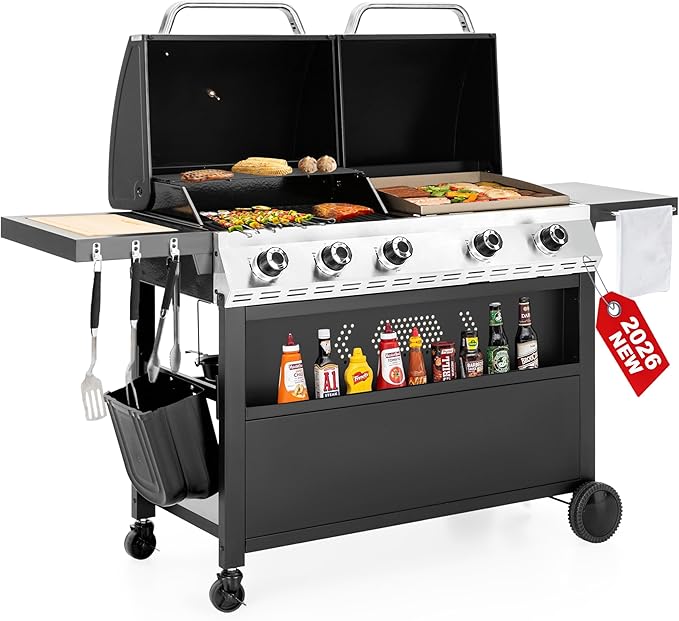 5 Burner Griddle Grill Combo, 2 in 1 Propane Gas BBQ Grill with Porcelain-Enameled Cast Iron Grates & Pan, Outdoor Flat Top Griddle, 695 Sq. In. Propane Barbecue Grill for Patio Backyard Balcony