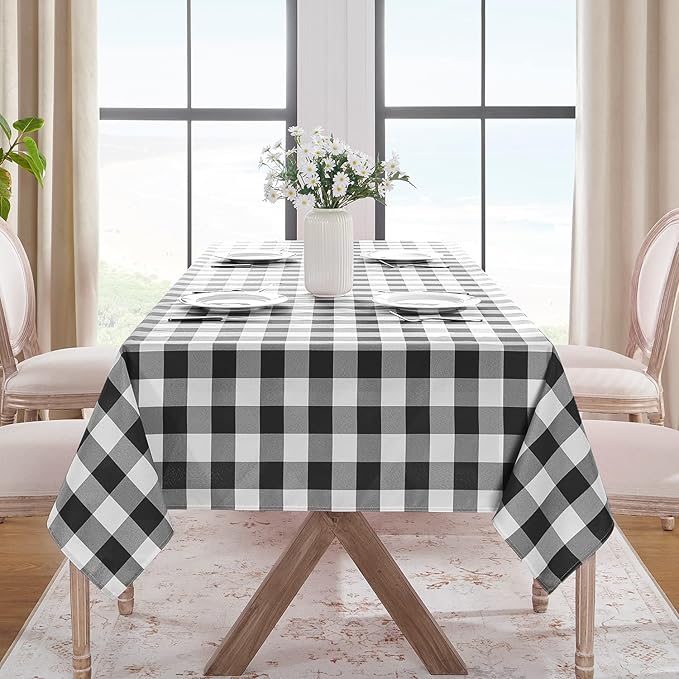 Softalker Gingham Checkered Tablecloth Rectangle - Outdoor Waterproof Buffalo Plaid Table Cloth, Stain Resistant Washable Table Cover for Picnic, Camping, Dining - Black and White, 54 x 108 Inch
