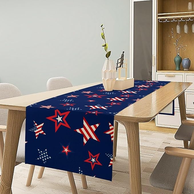 4th of July Patriotic Table Runner, Memorial Day Independence Day Freedom Stars Table Runner for Indoor Kitchen Dining Outdoor Holiday Party 13x60in