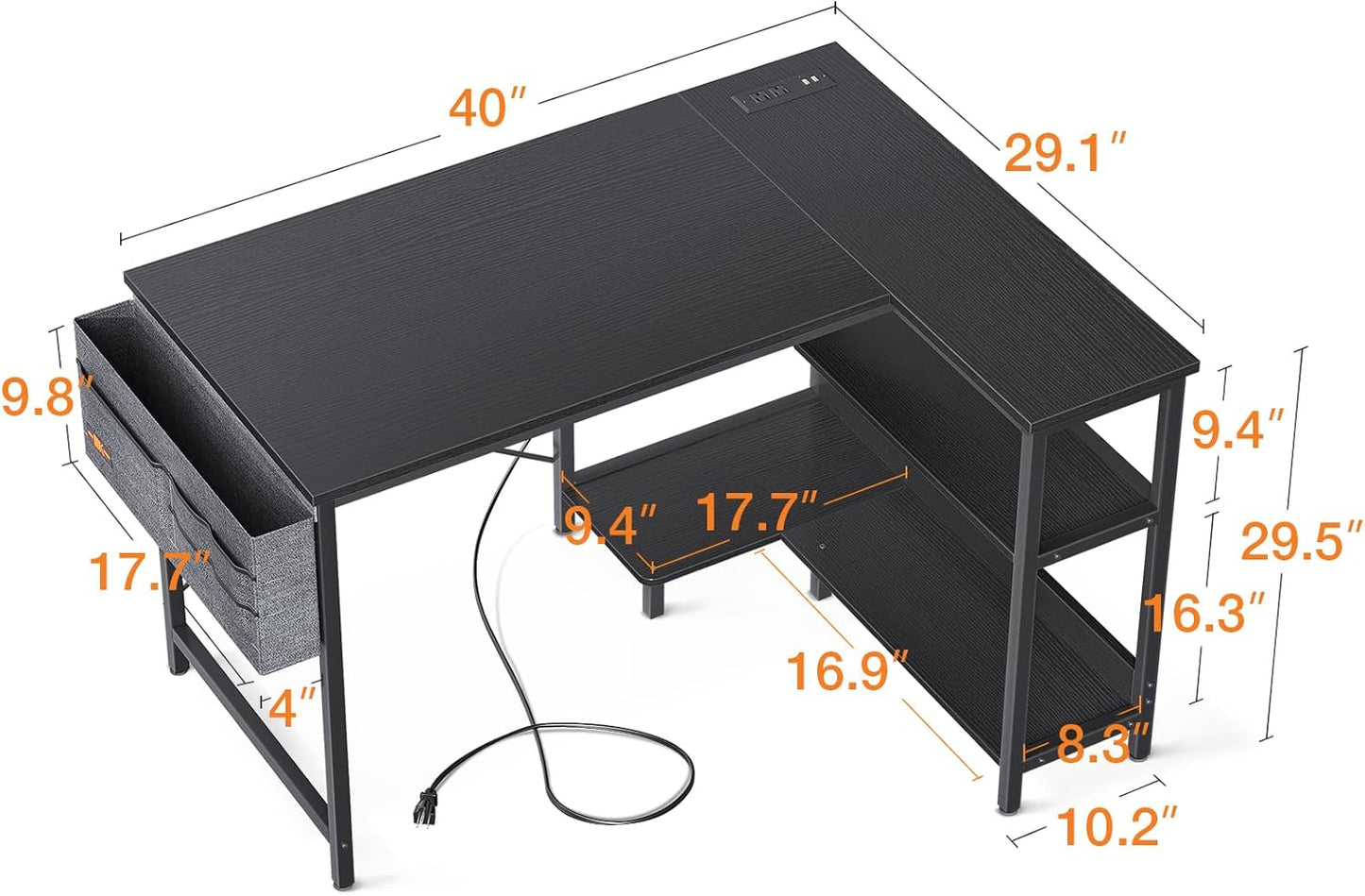 ODK 40 Inch Small L Shaped Gaming Computer Desk with Power Outlets, Reversible Storage Shelves & PC Stand for Home Office, Simple Writing Study Table with Storage Bag for Small Space, Black