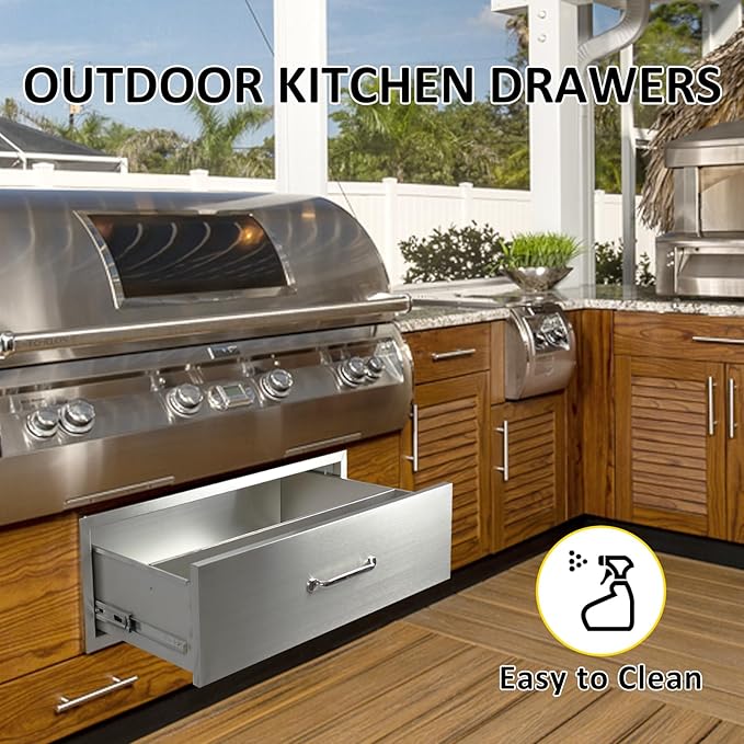 Outdoor Kitchen Drawers 30" W x 10" H x 23" D Flush Mount BBQ Single Drawers with Divider,Built-in Stainless Steel Drawer with Chrome Handle for Outdoor Kitchen Island Patio Grill Station