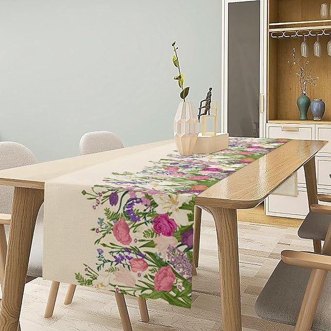 Floral Table Runner,Watercolor Spring Summer Seasons Pink Purple Flowers Table Decoration for Wedding Holiday Indoor Outdoor Home Party 13x60in