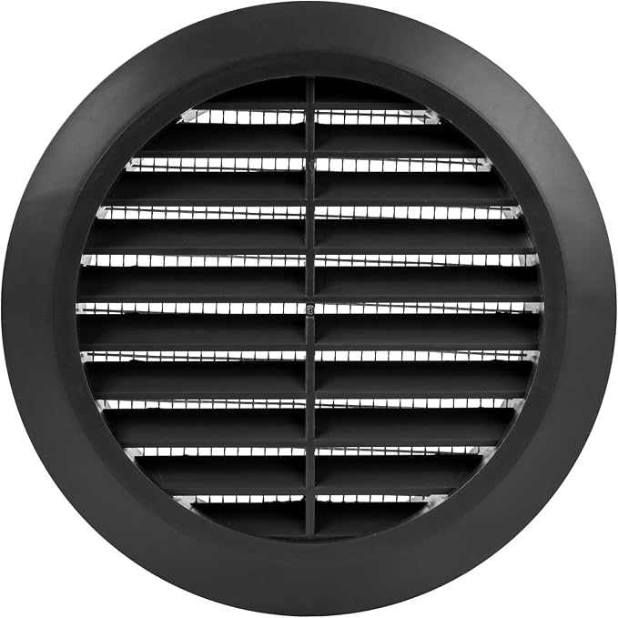 Black 4" Inch Round Ventilation Grille with Insect mesh. (Duct 4Ø / Grille 5Ø) Ventilation Applications. Indoor and Outdoor Vent Cover. Available 3 Sizes / 4 Colors.