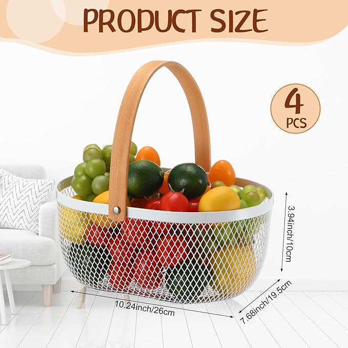 Maxcheck 4 Pcs Oval Metal Wire Storage Basket with Handle for Gathering Vegetables Multi Functional Mesh Basket for Kitchen Bathroom Picnic Home, 10.24 x 7.68 Inch(White)