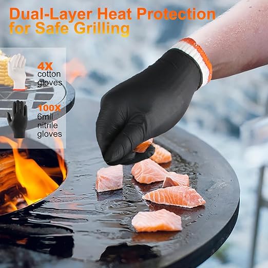 BBQ Gloves for Cooking Baking Grilling, 100 Count Disposable Nitrile Gloves and 4 Count Cotton Glove Liners Washable (6mil Nitrile, Large)