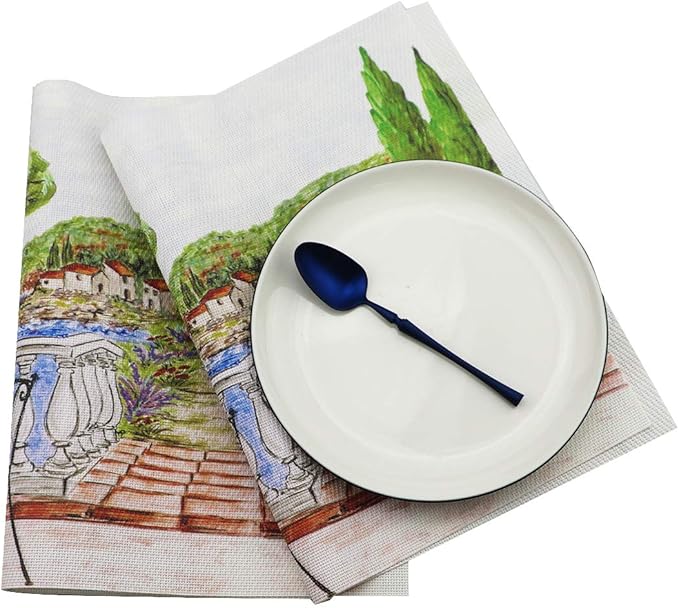 Gugrida Placemats Set of 6 Plaid Checkered Colorful Landscape PVC Placemat for Dining Table Durable Woven Vinyl Stain tablemats 18"X12"