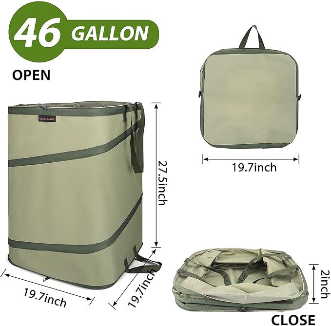 YUDI & GARDEN 46 Gallon Square Collapsible Yard Waste Containers, Collapsible Trash Can, Camping Trash Can - for Collecting Weeds or Leaf or Yard and Party Waste, Green