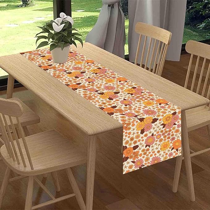 Groovy Floral Table Runner, Retro 70s Hippie Floral Funky Orange Floral Trippy Coffee Table Center Decor for Home Kitchen Dining Patio Holiday Party Indoor Outdoor Table Decorations, 13"x72" Inch