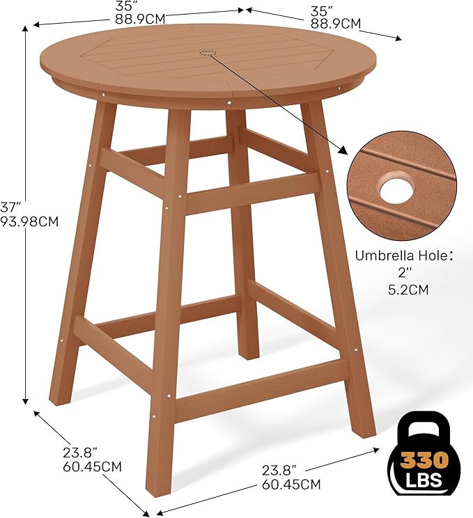 Costaelm Patio Bistro Table, 37" Counter Height Round Patio Cocktail Bar Table with Umbrella Hole, Outdoor Bistro Dining Pub Table for Front Porch Deck Backyard Garden, Teak