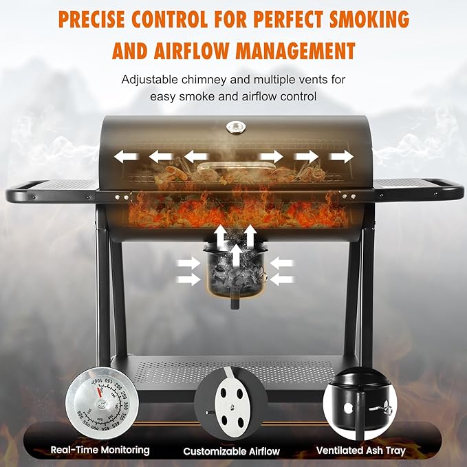 Charcoal BBQ Outdoor Grills: Spacious Barbecue Barrel Grill with Side Tables - Premium Charcoal BBQs for Patio Cooking Backyard Grilling Tailgating Camping Picnic Party