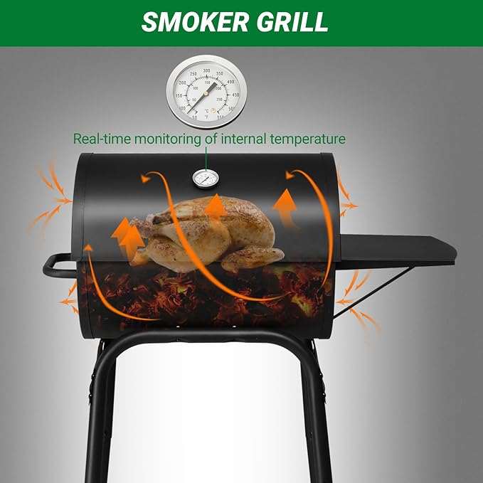 Outvita Barrel Charcoal Grill with Warming Rack, Outdoor BBQ Grill with Side Table with Nearly 268 Sq.In. Cooking Grid Area for Backyard Patio Picnic Parties Camping, Black