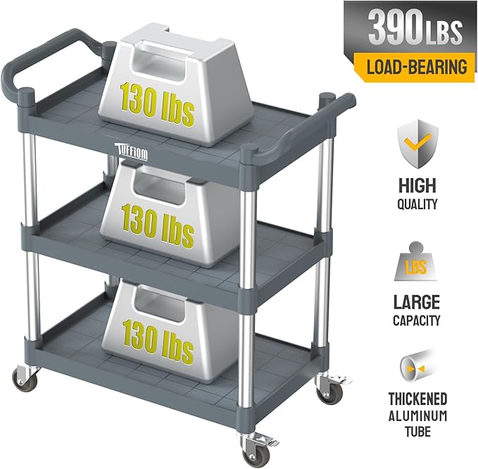 TUFFIOM 3-Tier Plastic Service Utility Cart with Wheels,Heavy Duty 390lbs Capacity,Commercial Rolling for Restaurant, Foodservice, Office, Warehouse, Gray 34.8''L x 17.4''W x 38.6''H