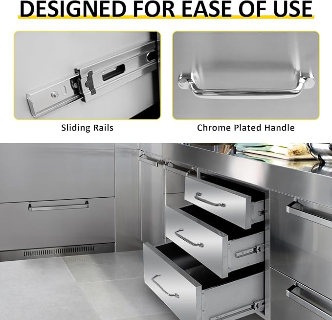 Outdoor Kitchen Drawers 14" W x 21" H x 23" D Flush Mount Triple BBQ Drawers with Chrome Handle Stainless Steel Drawer for Outdoor Kitchen Island, Patio Grill Station