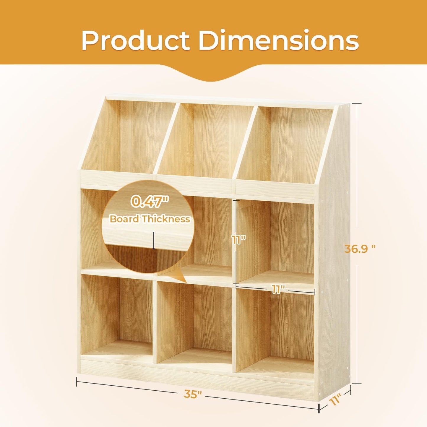 9-Cube Wooden Storage Bookcase - 11-Inch Open Shelf Cabinet, Simple Modern Bookshelf Organizer for Home Office, Living Room, Oak