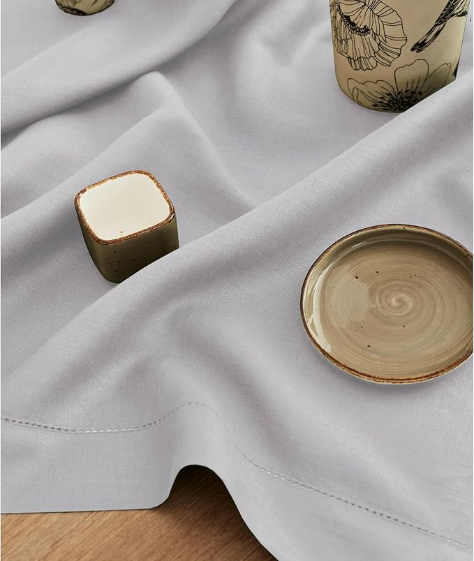Solino Home Linen Soft Grey Table Runner 108 Inches Long - 100% Pure Linen 14 x 108 Inch Table Runner for Spring, Easter - Classic Hemstitch