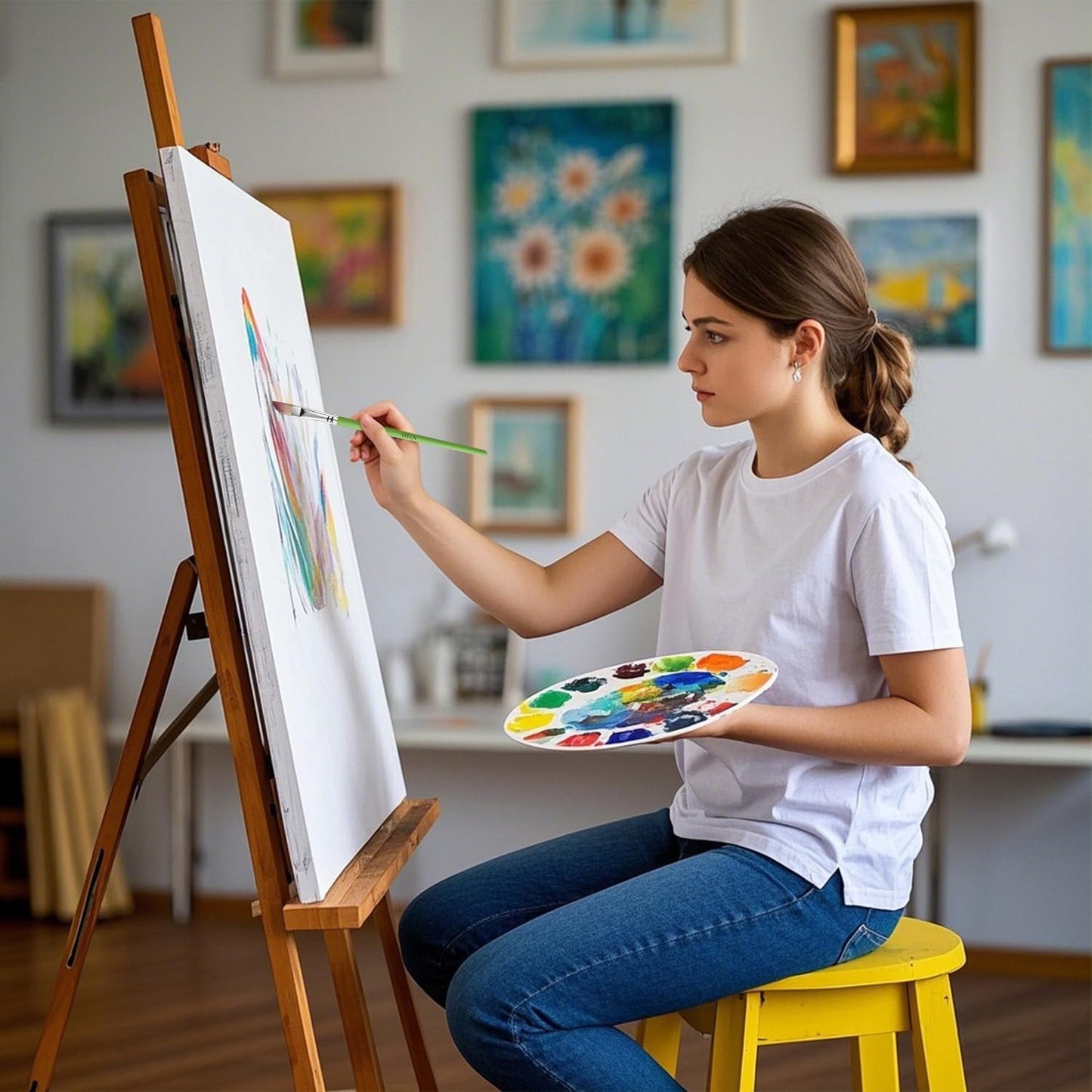 Paint Brushes Set of 25 Pieces Wooden Handles Brushes，Professional Artist Series with Filbert, Fan, Dagger, Cat Tongue, Round, Angle, Wide Flat Canvas Roll Bag & Palette Knife