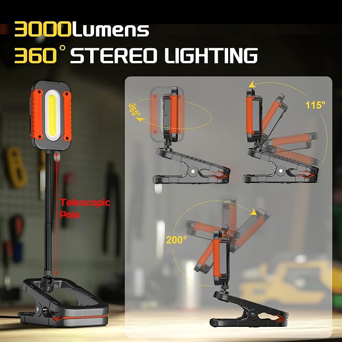 Rechargeable Work Light with Clamp, 3000LM Clip on Lamp with Magnet, Hook, Telescopic Stand, 360° Rotatable Portable LED Clamp Work Light for Boat, Job Site, Workshop, Car, Desk, Bench(1Pack)