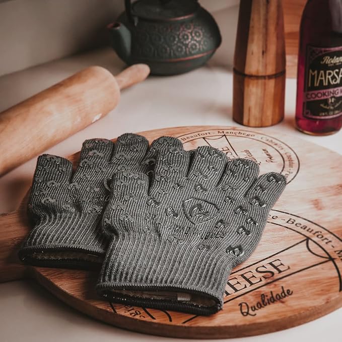 Oven Gloves with Fingers - 932°F Extreme Heat Proof and Cut Resistant Mitts for Kitchen, BBQ, Grill, Baking, Fire Pit - EN407 Certified with Non-Slip Silicone Grip and Cotton Lined for Comfort