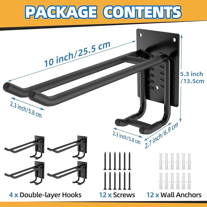 4 Pack Garage Hooks Heavy Duty 10 INCH Double-Layer Steel Shed Wall Mount Workshop Garage Storage Organizer Hooks for Hanging Garden Tool, Hose, Ladder, Chairs, Bikes with Anti-Slip Coating