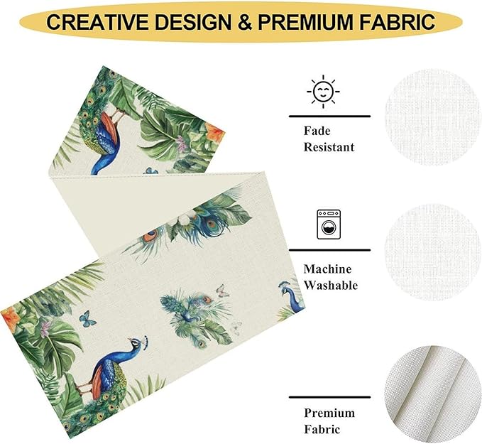 Peacock Table Runner,Traditional Chinese Style Peacock Feather Bird Floral Tropical Leaf Table Center Decor for Home Dining Kitchen Patio Holiday Party Indoor Table Decorations, 13"x90"
