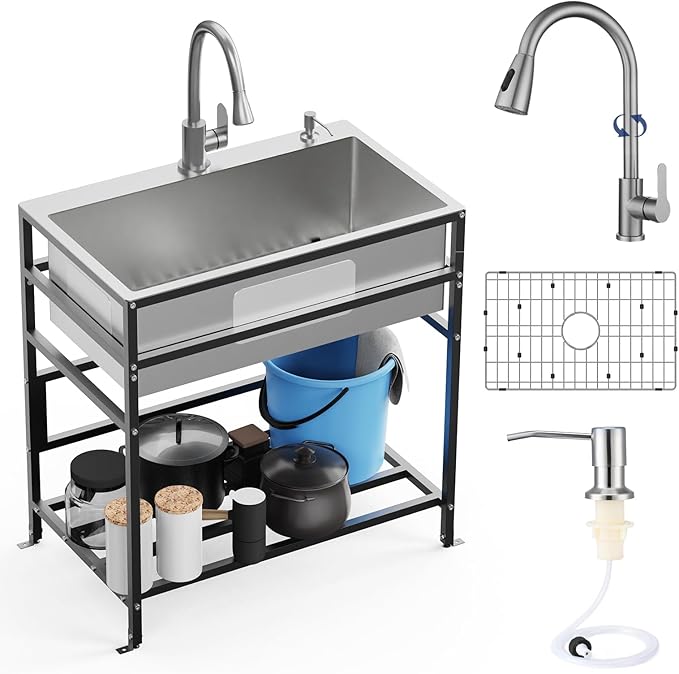 30x18 Inch Stainless Steel Utility Sink-Freestanding Laundry Sink Practicality With Accessories Stainless Functional Faucet,Soap Dispenser, SS Sink Grid For Laundry,Garage,Outdoor Kitchen,Garden...