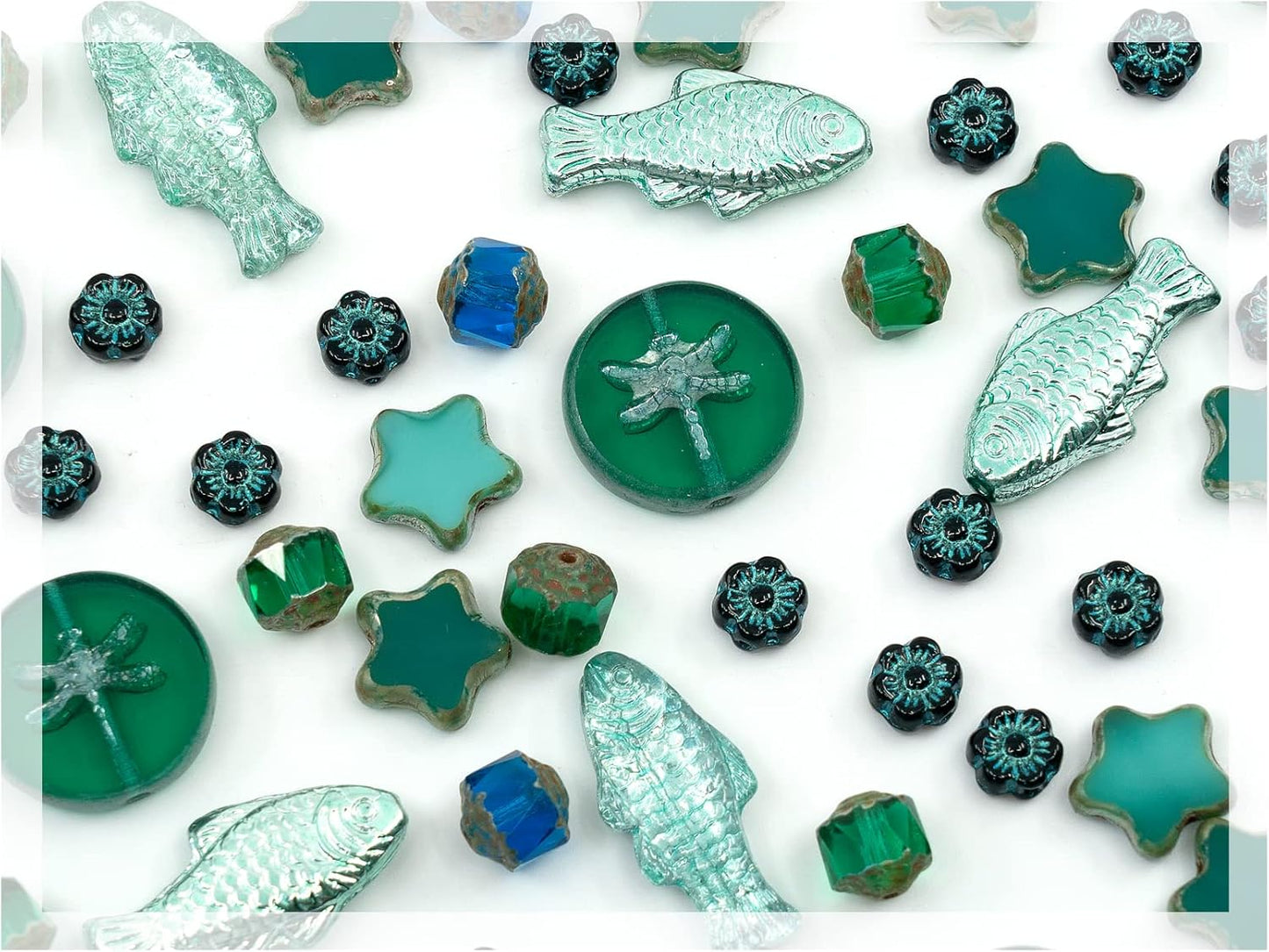 2.1oz (60g) of Glass Focal Bead Mix with Flowers, Table-Cut and fire Polish Czech Beads, PG Green