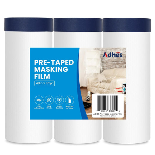 ADHES Painters Plastic with Tape, 48 inch x 90 feet x 3 Rolls Painters Tape with Plastic Attached, Pre Taped Masking Film Tape and Drape for Automotive Painting Covering