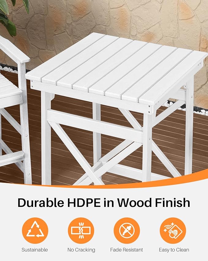 3-Piece Adirondack Chairs and Table Set, HDPE Patio Bar Sets, All Weather Outdoor Bar Stools Set, HDPE Adirondack Bar Height Chairs and Bar Table for Balcony, Porch, Garden, Pearl