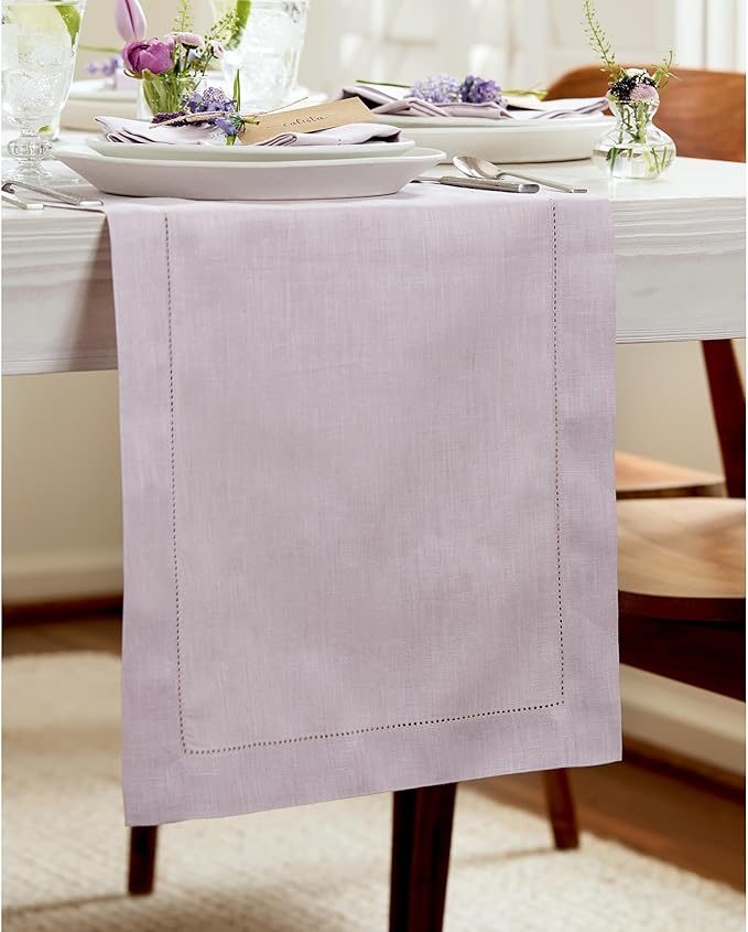 Solino Home Linen Lilac Table Runner 144 Inches Long - 100% Pure Linen Extra Long Table Runner 14 x 144 Inch for Valentines, Spring, Easter - Classic Hemstitch