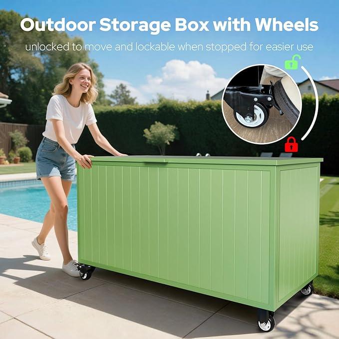 Outdoor Storage Box with Wheels 150 Gallon, Metal Deck Boxes Outdoor Waterproof, Patio Storage Box for Home/Backyard/Pool Chemicals/Toys/Garden Tools/Porch/Patio Cushions (Green)