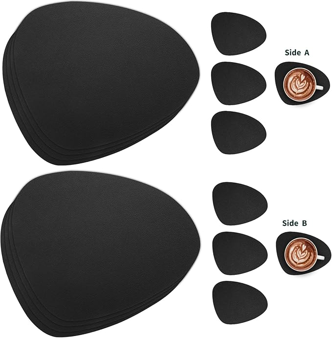 Myir JUN Placemats, Dual-Sided Placemats Waterproof Faux Leather Placemats Set of 6 Place Mats and Coasters Non-Slip Washable Table Mats for Dining Table (Black, Set of 6)
