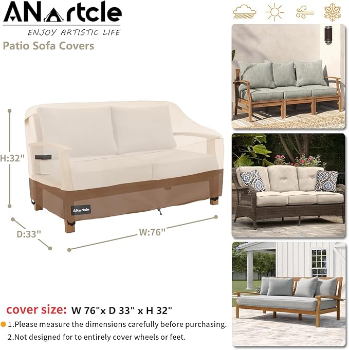 3-Seater Patio Sofa Cover,76W x 32.5D x 33H Inches Outdoor Couch Cover,100% Waterproof Heavy Duty Patio Sofa Covers,Patio Furniture Covers,Beige&Brown