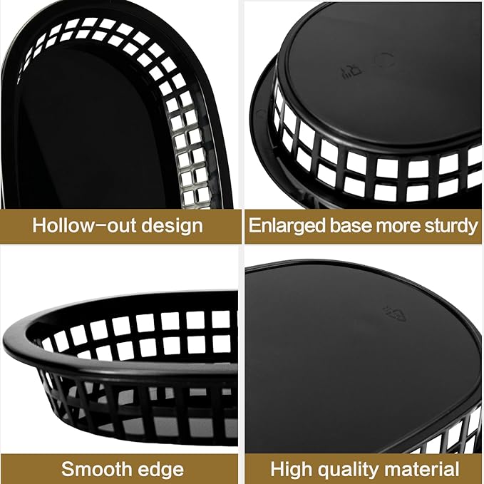 18 Pcs Fast Food Baskets, Black Oval Baskets with 100 Pcs Red Retro Style Checkered Deli Liner, Plastic Food Serving Basket for Hot Dogs, Bread, Fruit, Burgers, Home, Picnic, Restaurants