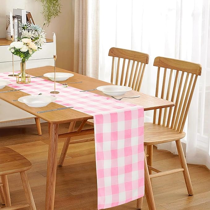 Fabric Checkered Table Runner 6 Pack Waterproof Gingham Table Runner 14W x 108L Buffalo Check Table Runners for Parties Kitchen Dining Wedding Banquet (Pink and White)