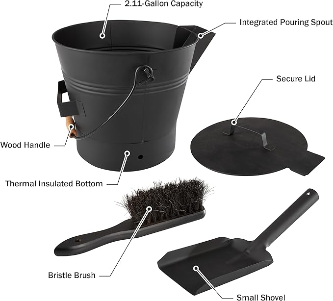 Pure Garden Ash Bucket - Metal Bucket with Lid (2.11-Gallon), Broom, and Shovel for Fireplace or Firepit Ashes - Fireplace Tools (Black) - 1 Count