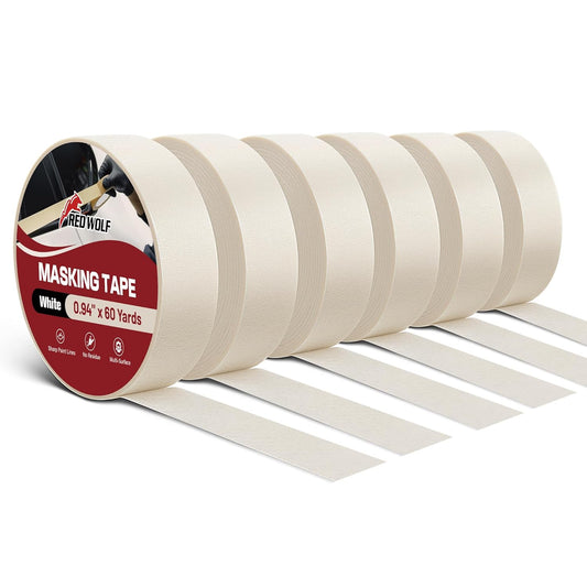 RED WOLF 0.94" x 60 Yards Masking Tape 6 Pack, General Purpose for Painting Arts Crafts Label Car Painting, Sharp Paint Line No Residue Painters Tape White Beige Crepe Paper Tape Heat Resistance