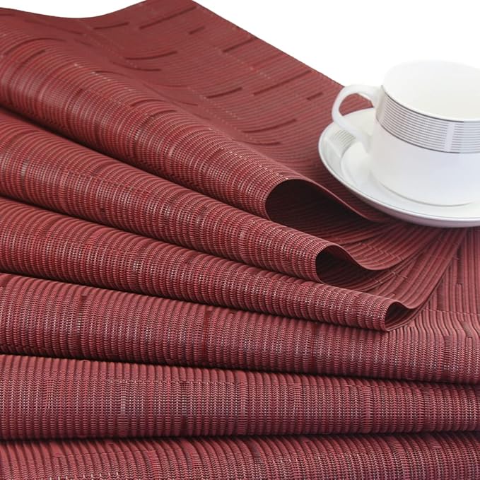 PIGCHCY Placemats Set of 12 Washable Durable Place Mats Vinyl Heat Resistant Non-Slip Table Mats Indoor Outdoor (Burgundy Red)