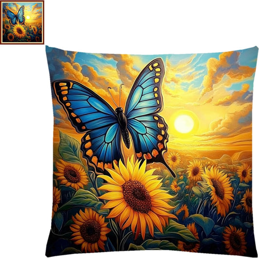 Fanxvivy Stamped Cross Stitch Kits for Adults Beginners Pillow Needlepoint Kit with Embroidery Pattern Needlework Kit Prestamped Stitches Kit 11CT Cross Stitching-Butterfly Sunflower 18x18 inch