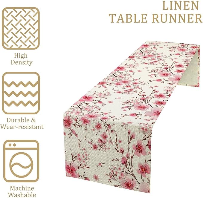Cherry Flower Table Runner, Seasonal Spring Cherry Blossoms Branches Watercolor Floral Print Table Cover for Kitchen Dining Table Indoor Outdoor Party Decor, 13x108inch