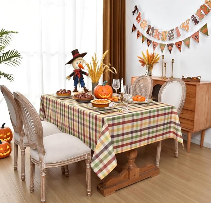 Gingham Tablecloth Fabric - Oblong 58x120 Water Resistant Christmas Plaid Table Cloth for Indoor/Outdoor Use - Fall Tabletop Cover for Birthday, Picnics, Gardens, and Thanksgiving Day
