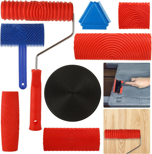 8 PCS Wood Grain Tool Set, 7" Textured Pattern Roller with Handle, Rubber Wood Graining Tool for Wall Floor Furniture Wood Pattern Art Decoration