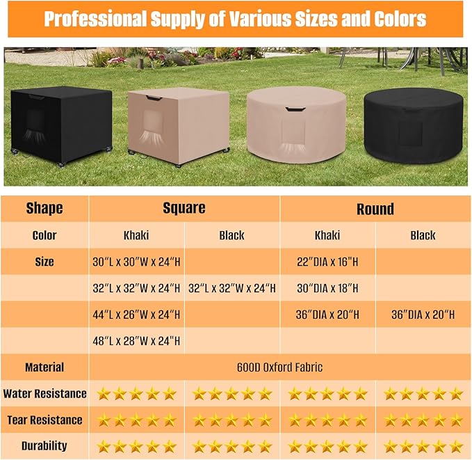 Kovshuiwe Round Fire Pit Cover-600D Fabric Waterproof and Resistant Material, Fits Outdoor For 34-36 Inch Fire Pit /Table Cover, Patio Fire Bowl Cover-36"DIA x 20"H, Khaki