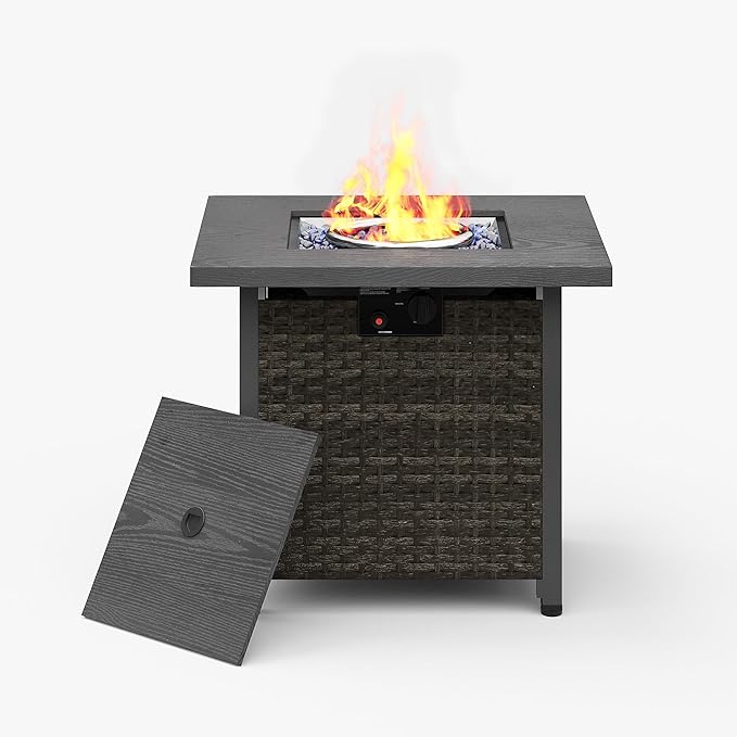 Sundale Outdoor 28 Inch Outdoor Fire Pit Table, 50000 BTU Propane Fire Pits with Rain Cover, Glass Stones and Lid, Wicker Gas Fire Pit for Outside Patio and Garden, CSA-Listed