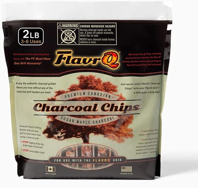 FlavrQ® 2lb Bag of Charcoal Chips - Convert Gas Grill to Charcoal in Seconds - 100% All-Natural and Chemical-Free Canadian Sugar Maple Wood - Cooks Faster and sear Food About 50% Faster