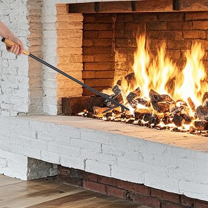 Fire Poker for Fire Pit Outdoor, 38 Inch Extra Long Iron Campfire Poker, 3 Part Assembled Fireplace Poker with Blower Poke and Wooden Handle for Indoor Wood Stove, Outdoor Camping, Bonfires